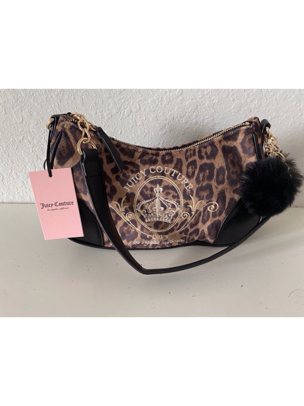 Juicy Couture Juicy Magnifique Shoulder Bag Natural Leopard W/Pom Pom Charm NEW